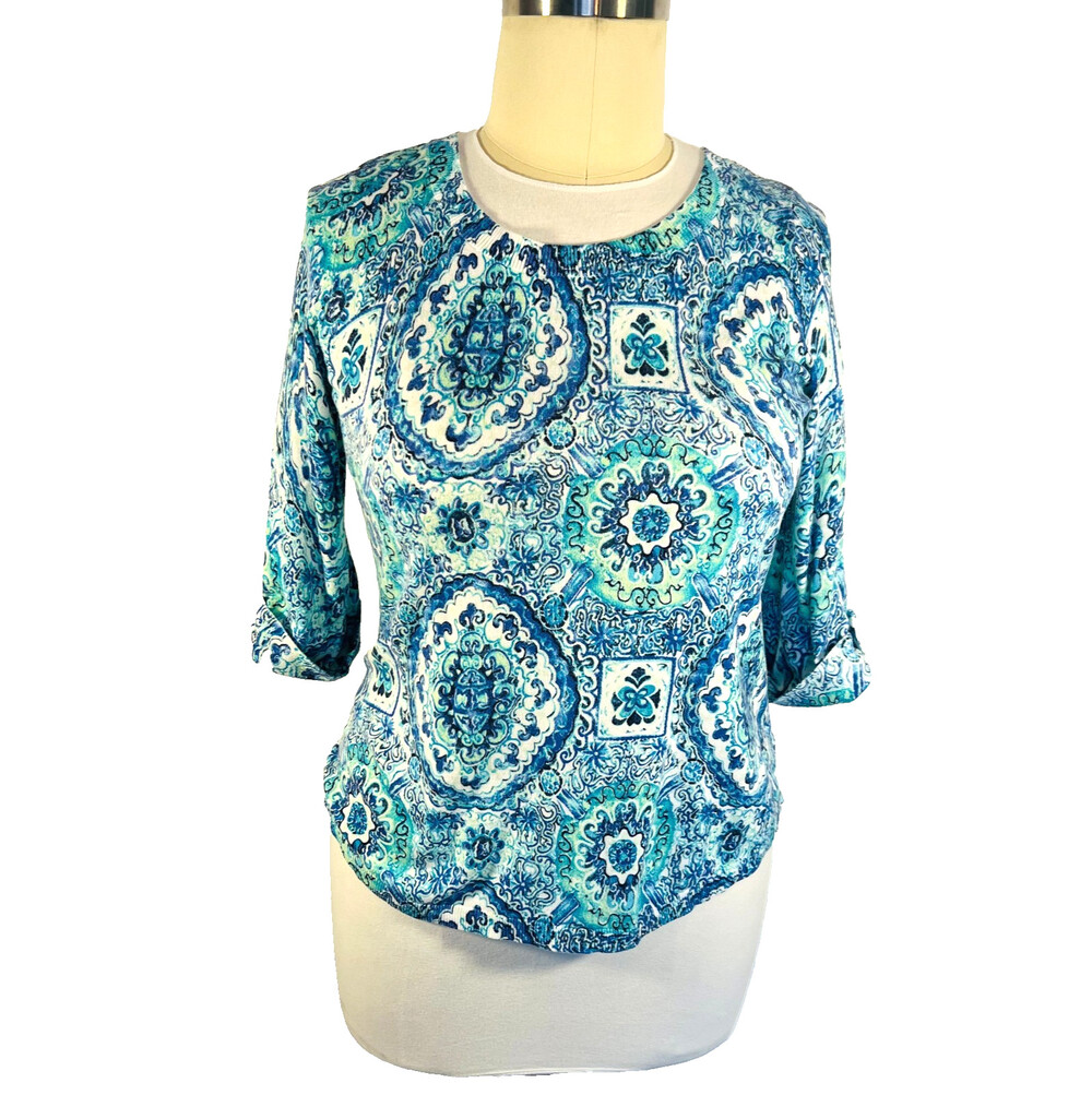 Talbots - Women's L Knit Top Roll Tab Half Sleeve Blue Green Roccoco Boat Neck